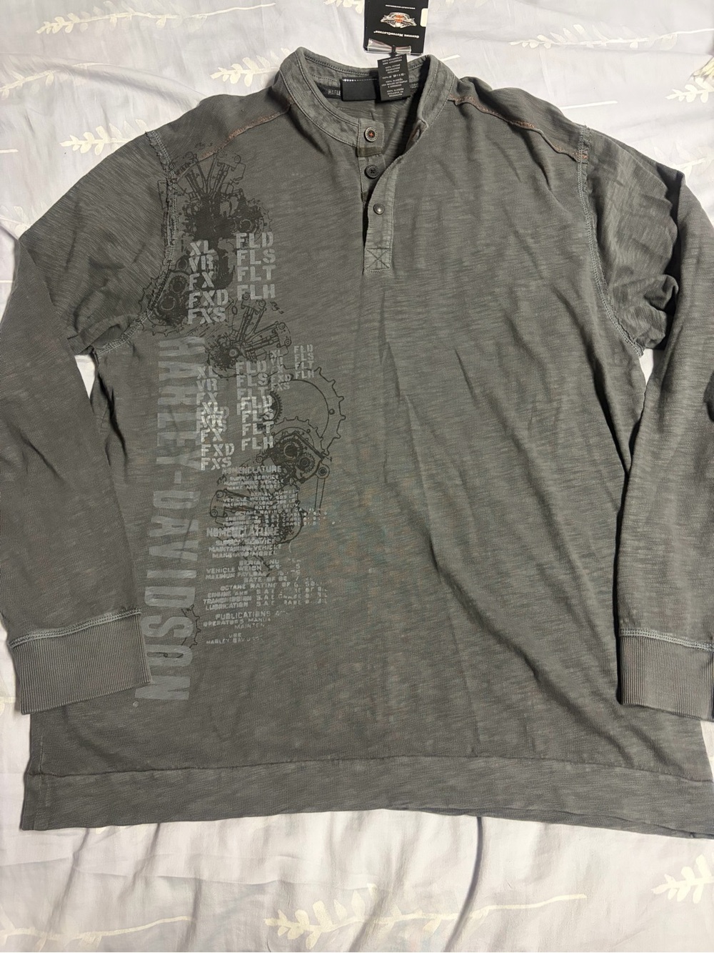 Harley-Davidson Men’s Gray Button Long Sleeve Bikercore 100% Cotton Henley Shirt